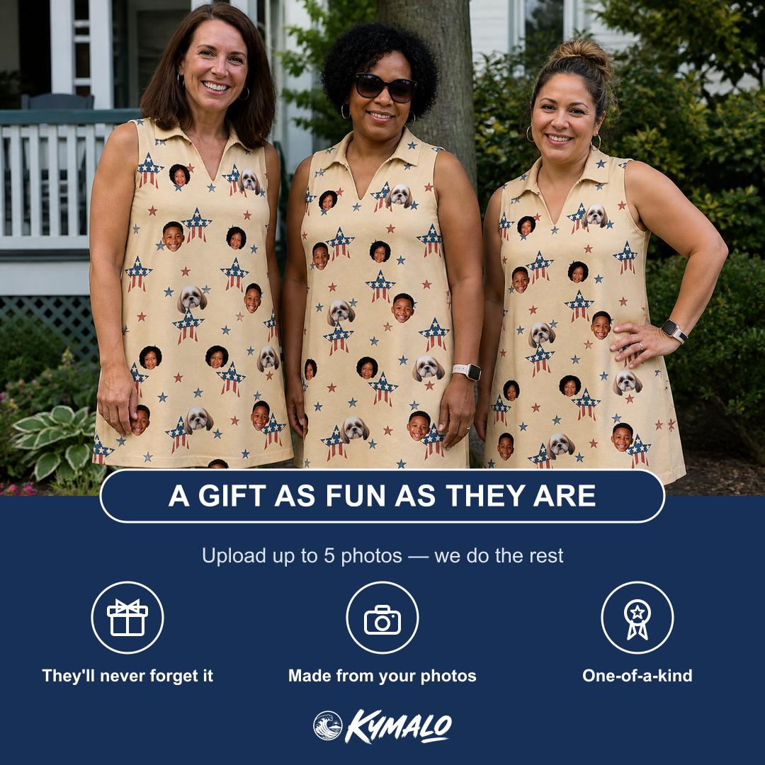Friends in matching Women's Flag Fandango Custom Face V-Neck Dress — a group gift photo