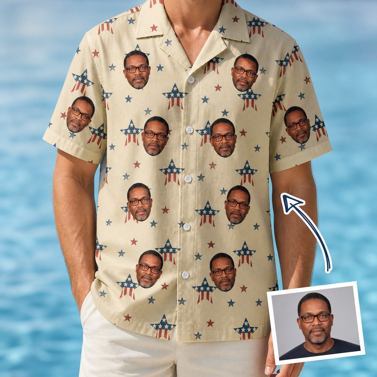 Man wearing Men's Flag Fandango Custom Face Hawaiian Shirt — custom faces printed all-over