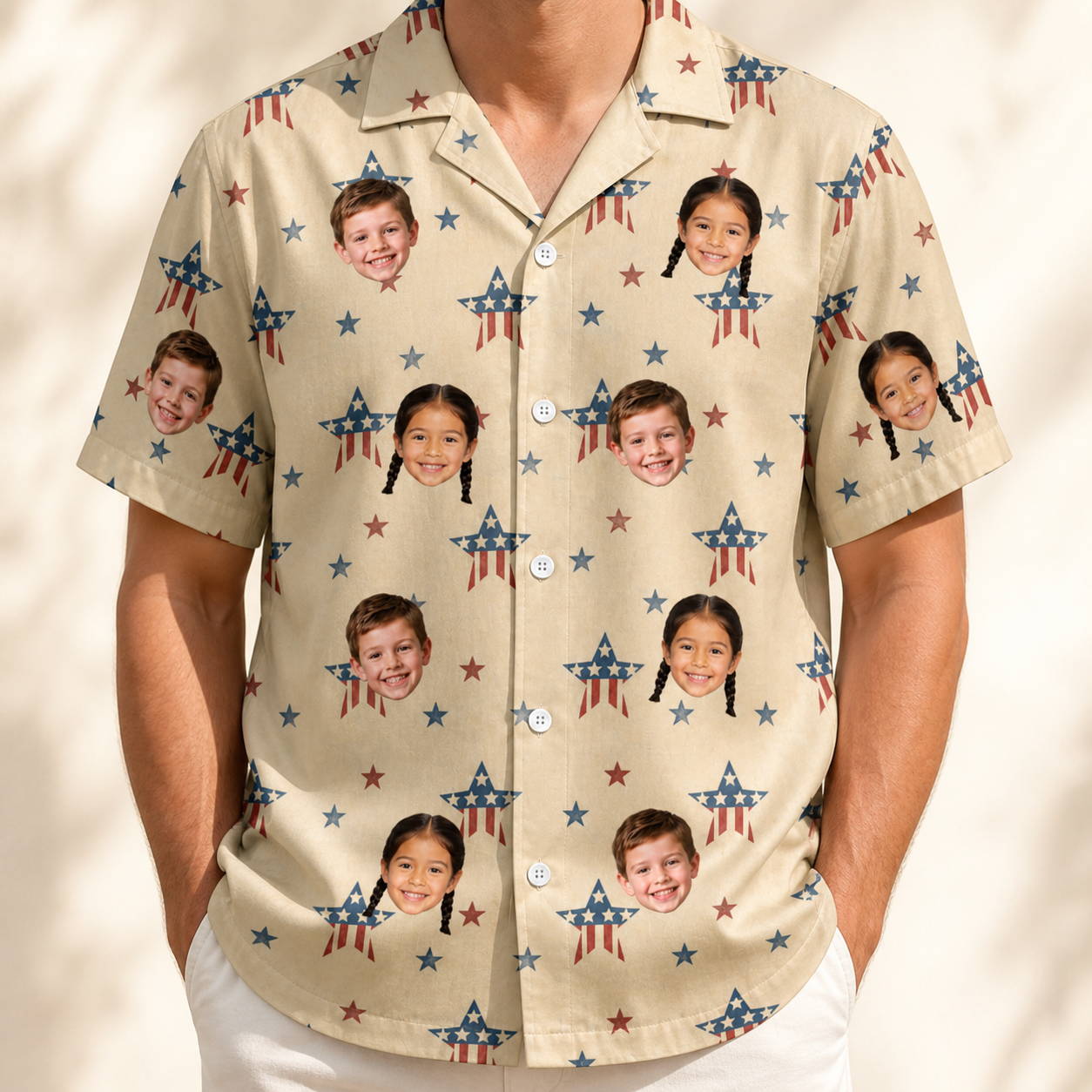 Model wearing Men's Flag Fandango Custom Face Hawaiian Shirt printed with kids' faces