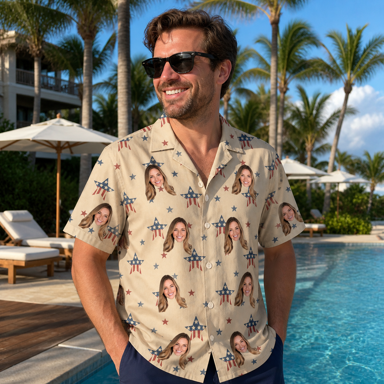 Real-life photo of someone wearing Men's Flag Fandango Custom Face Hawaiian Shirt — custom faces printed all-over