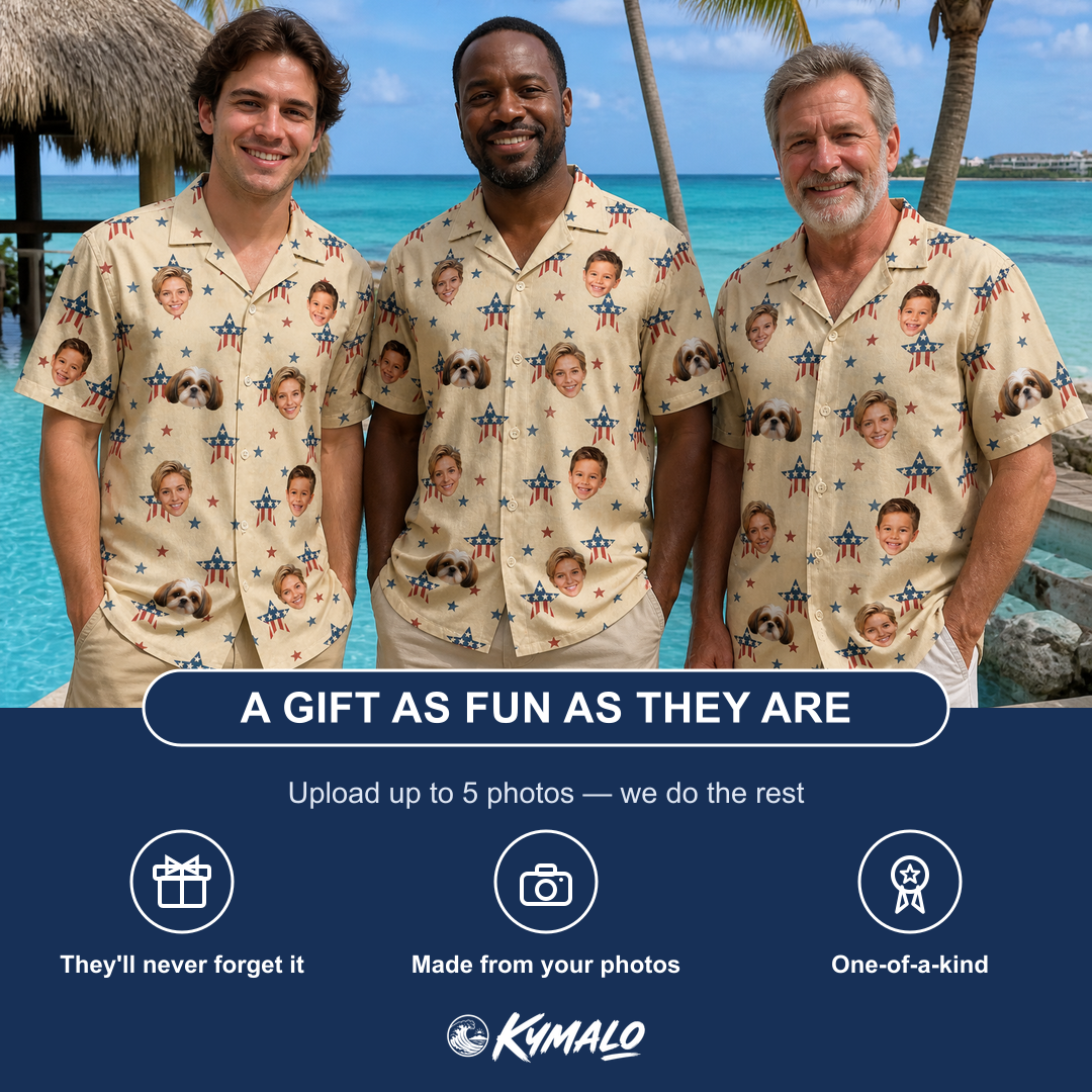 Friends in matching Men's Flag Fandango Custom Face Hawaiian Shirt — a group gift photo