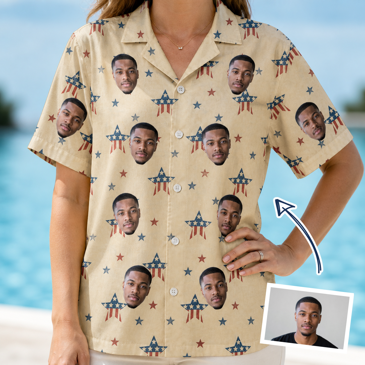 Woman wearing Women's Flag Fandango Custom Face Hawaiian Shirt — custom faces printed all-over