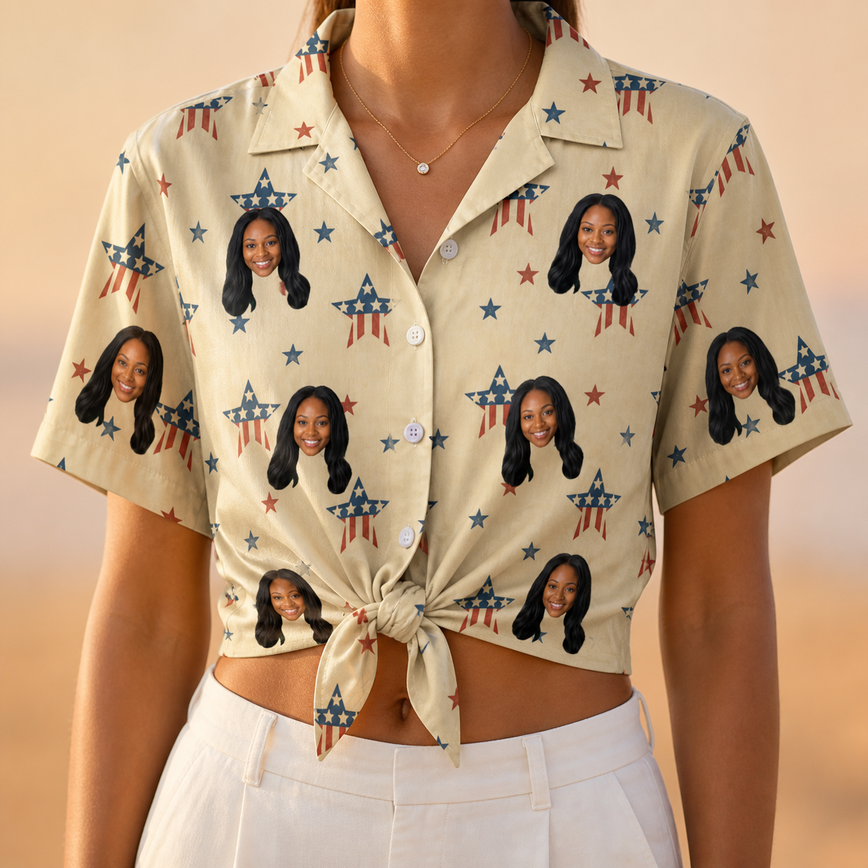 Woman wearing Women's Flag Fandango Custom Face Hawaiian Shirt tied at the waist