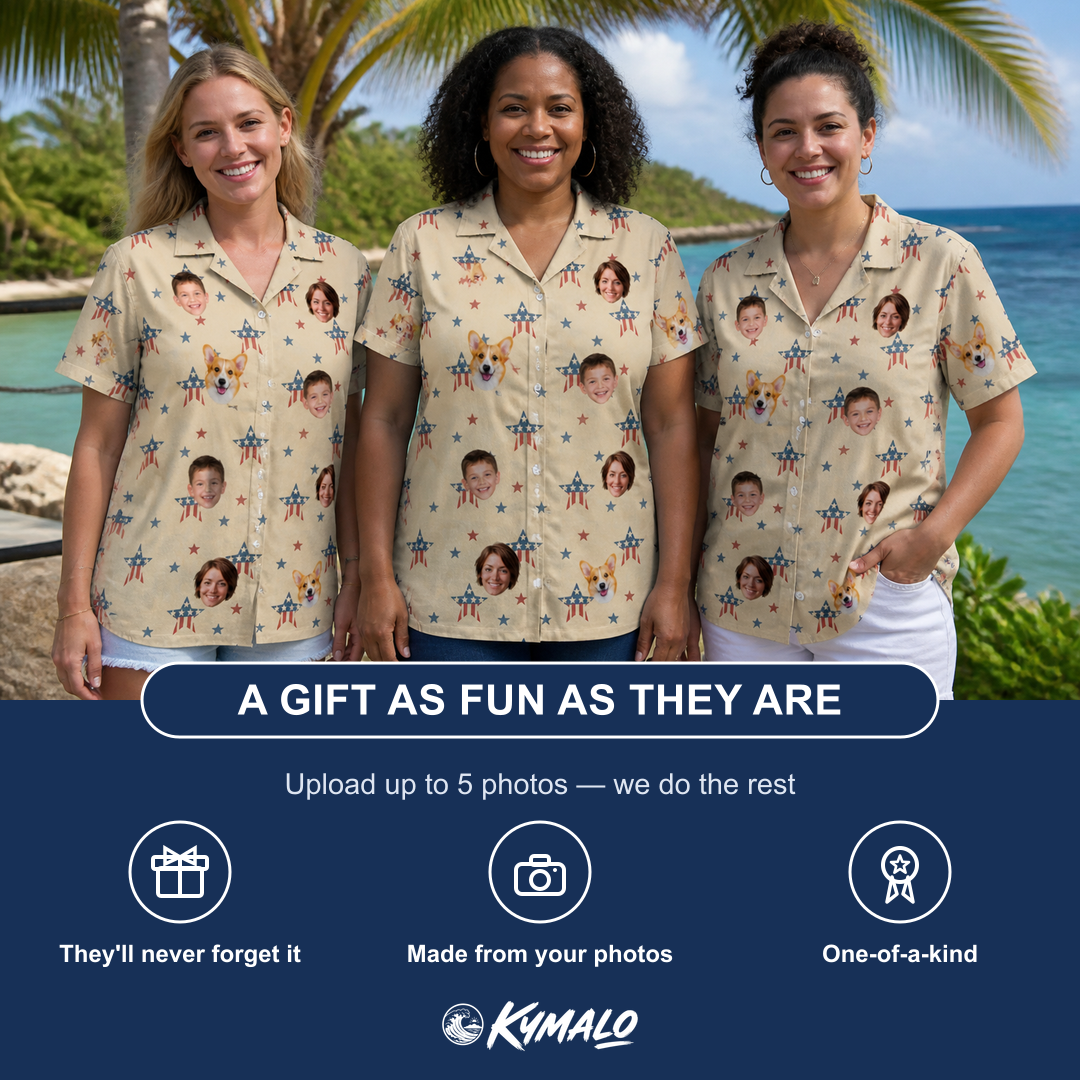 Friends in matching Women's Flag Fandango Custom Face Hawaiian Shirt — a group gift photo