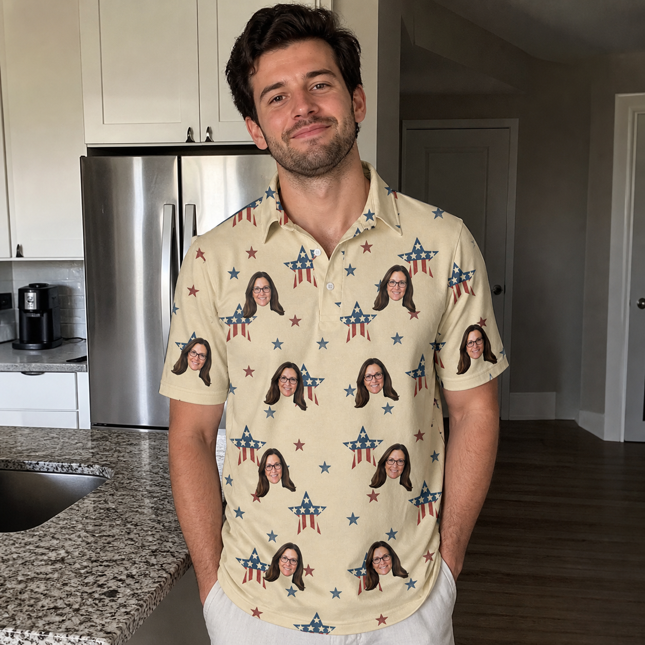 Real-life photo of someone wearing Men's Flag Fandango Custom Face Polo Shirt — custom faces printed all-over