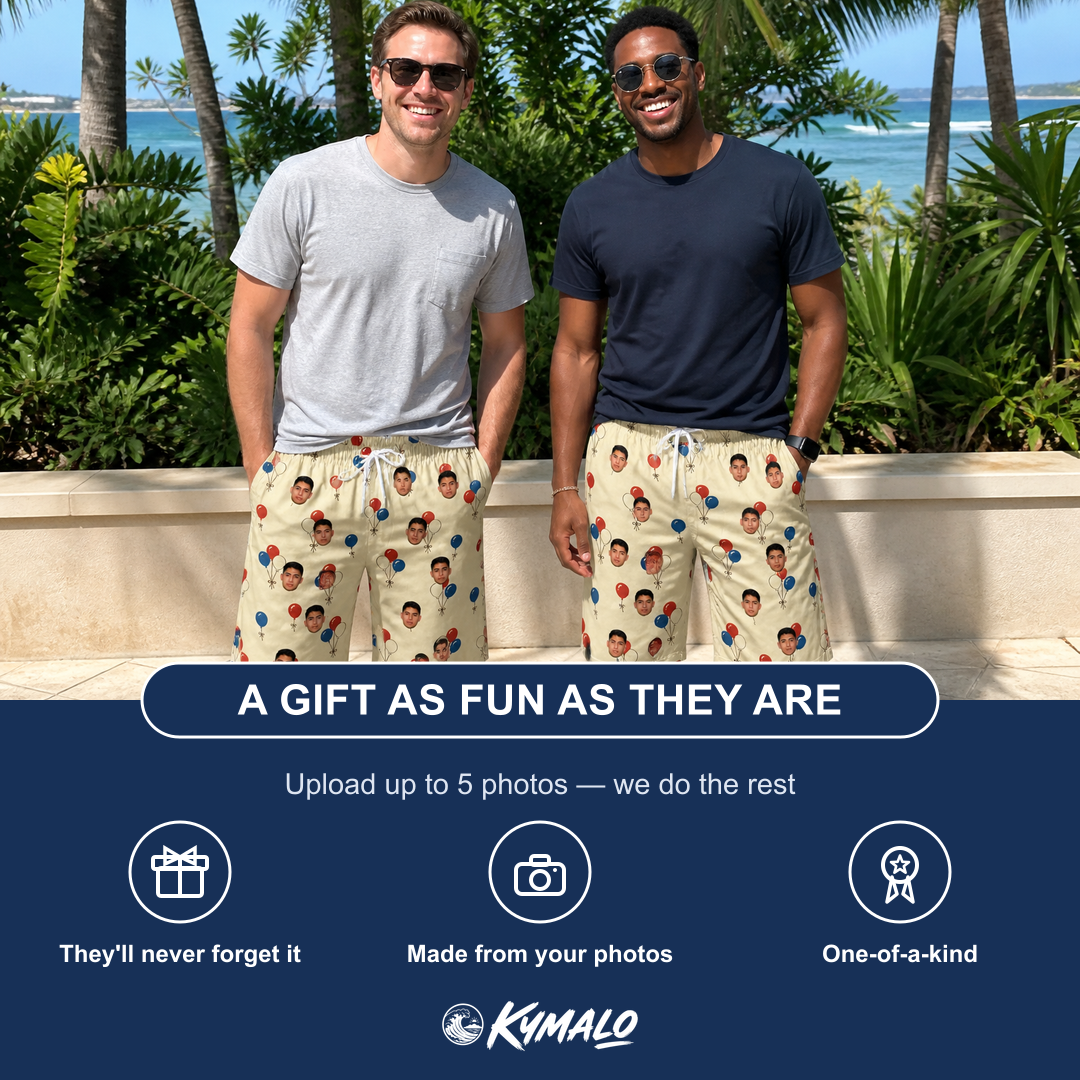 Friends in matching Men's Balloon Brigade Custom Face Beach Shorts — a group gift photo