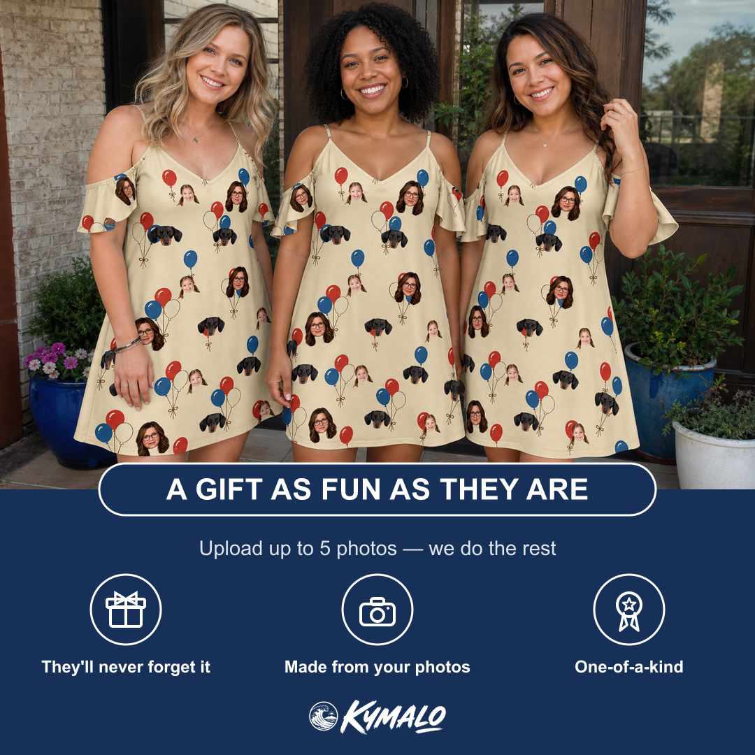 Friends in matching Women's Balloon Brigade Custom Face Off-Shoulder Dress — a group gift photo