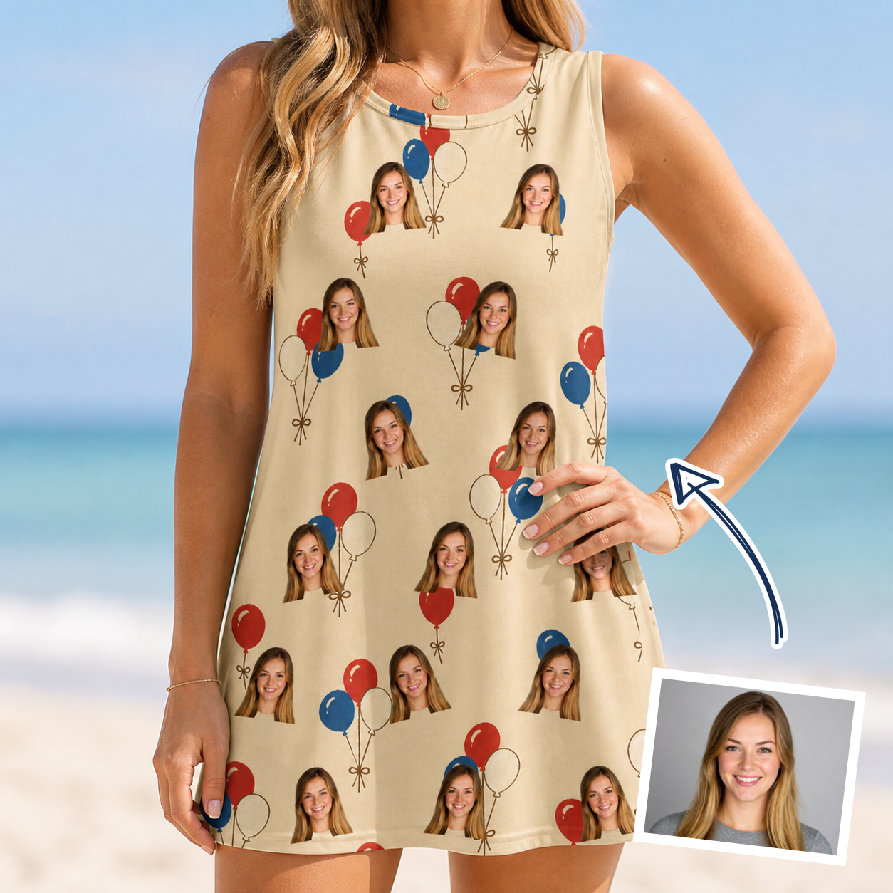 Woman wearing Women's Balloon Brigade Custom Face Tank Dress — custom faces printed all-over