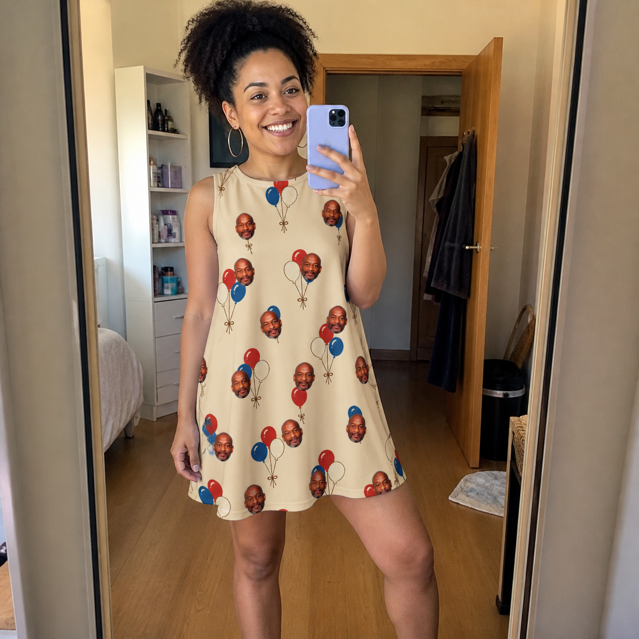 Real-life photo of someone wearing Women's Balloon Brigade Custom Face Tank Dress — custom faces printed all-over