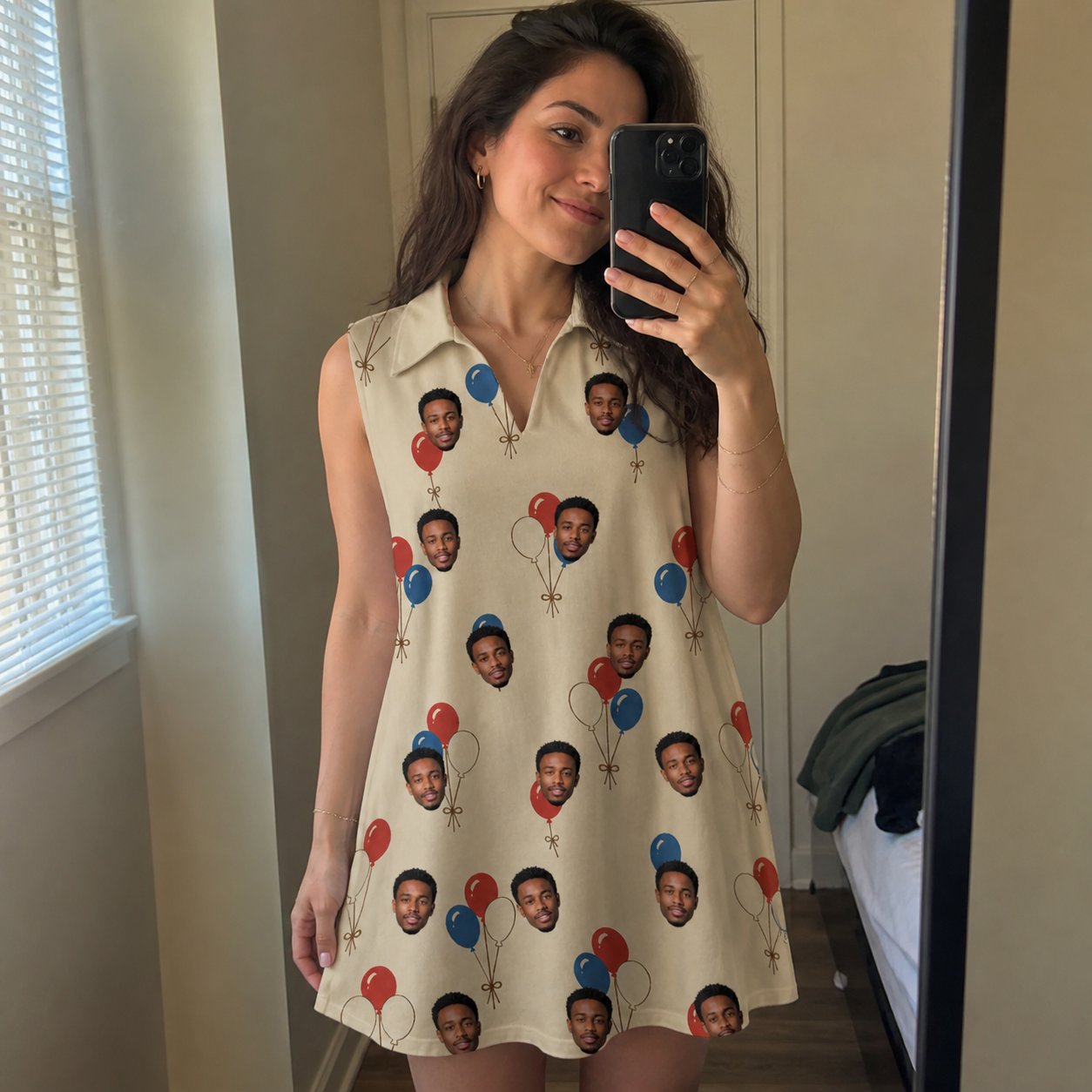 Real-life photo of someone wearing Women's Balloon Brigade Custom Face V-Neck Dress — custom faces printed all-over
