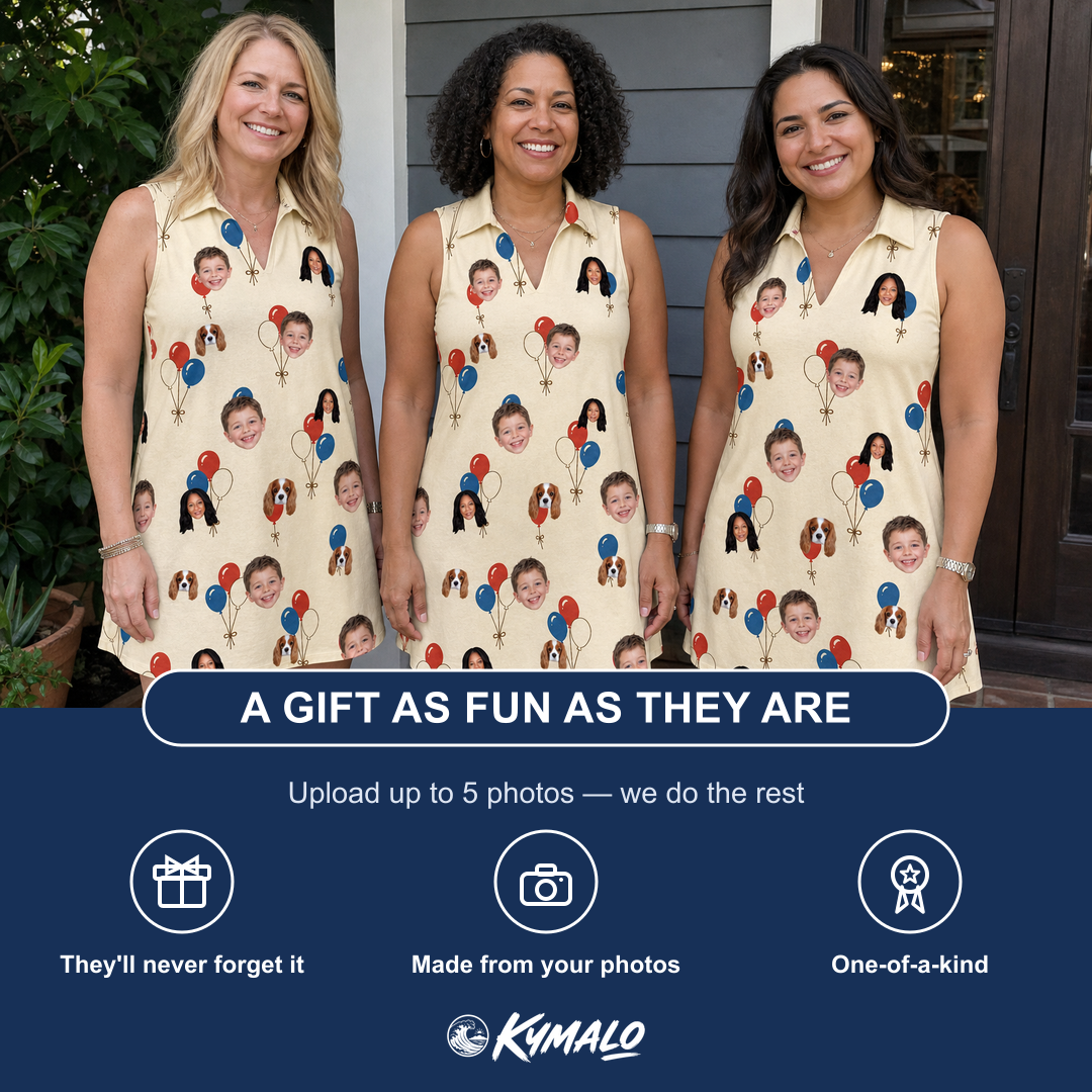 Friends in matching Women's Balloon Brigade Custom Face V-Neck Dress — a group gift photo
