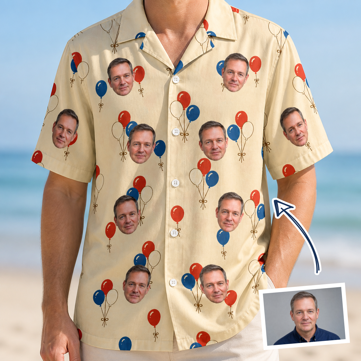 Man wearing Men's Balloon Brigade Custom Face Hawaiian Shirt — custom faces printed all-over