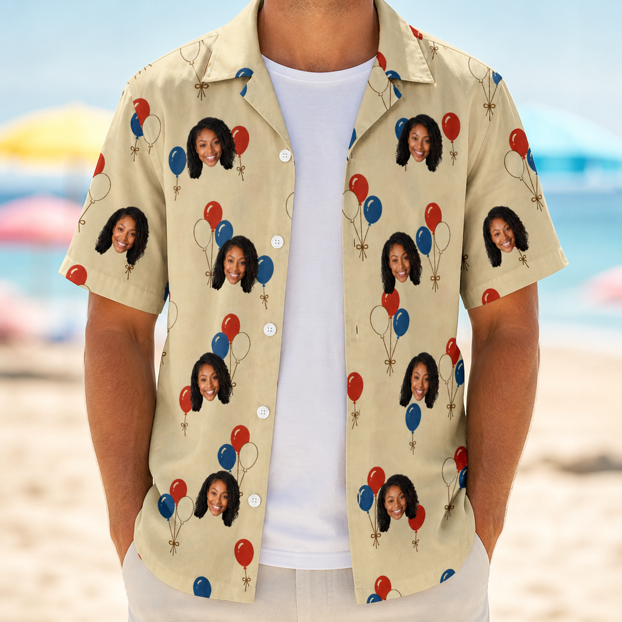 Man wearing Men's Balloon Brigade Custom Face Hawaiian Shirt open over a white tee