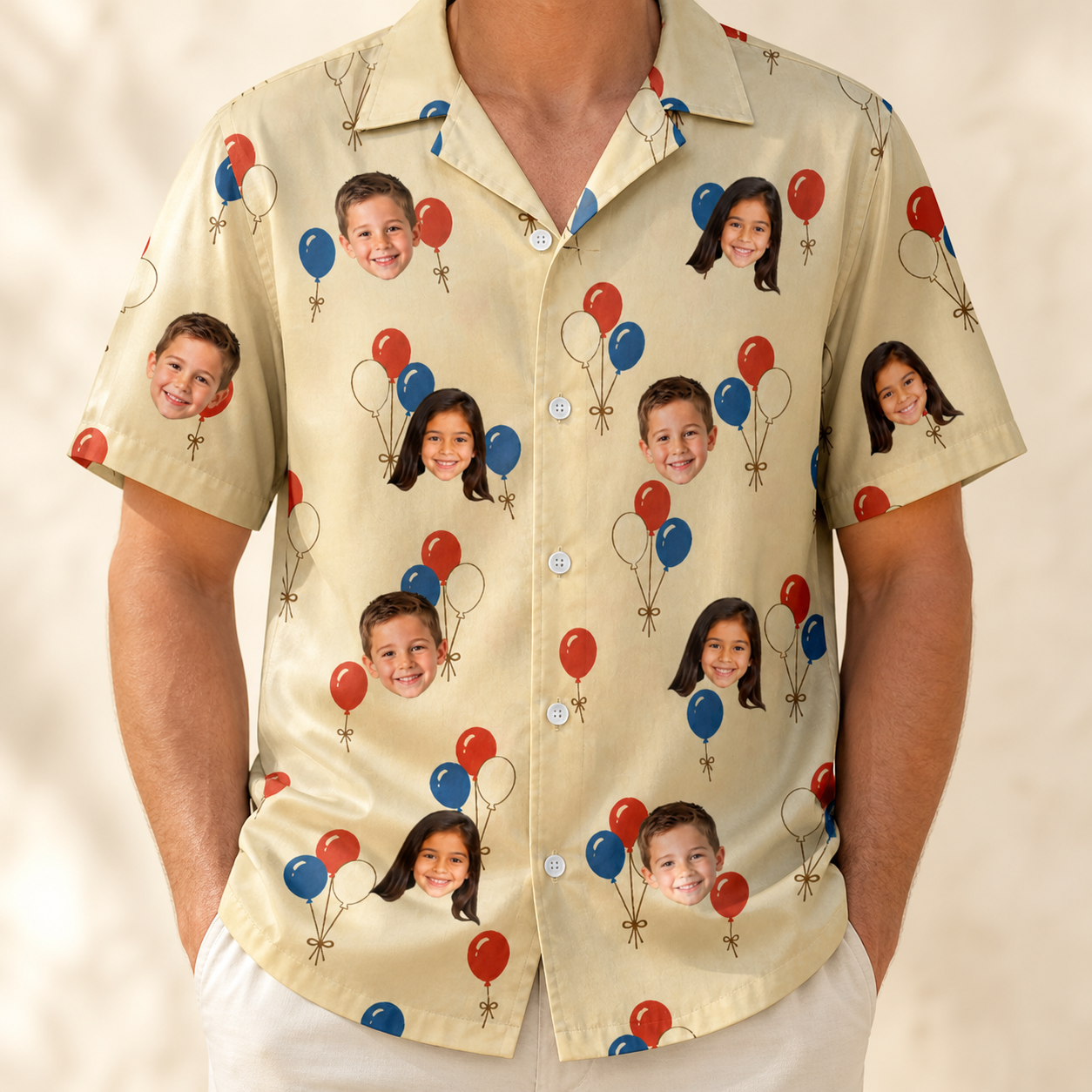 Model wearing Men's Balloon Brigade Custom Face Hawaiian Shirt printed with kids' faces