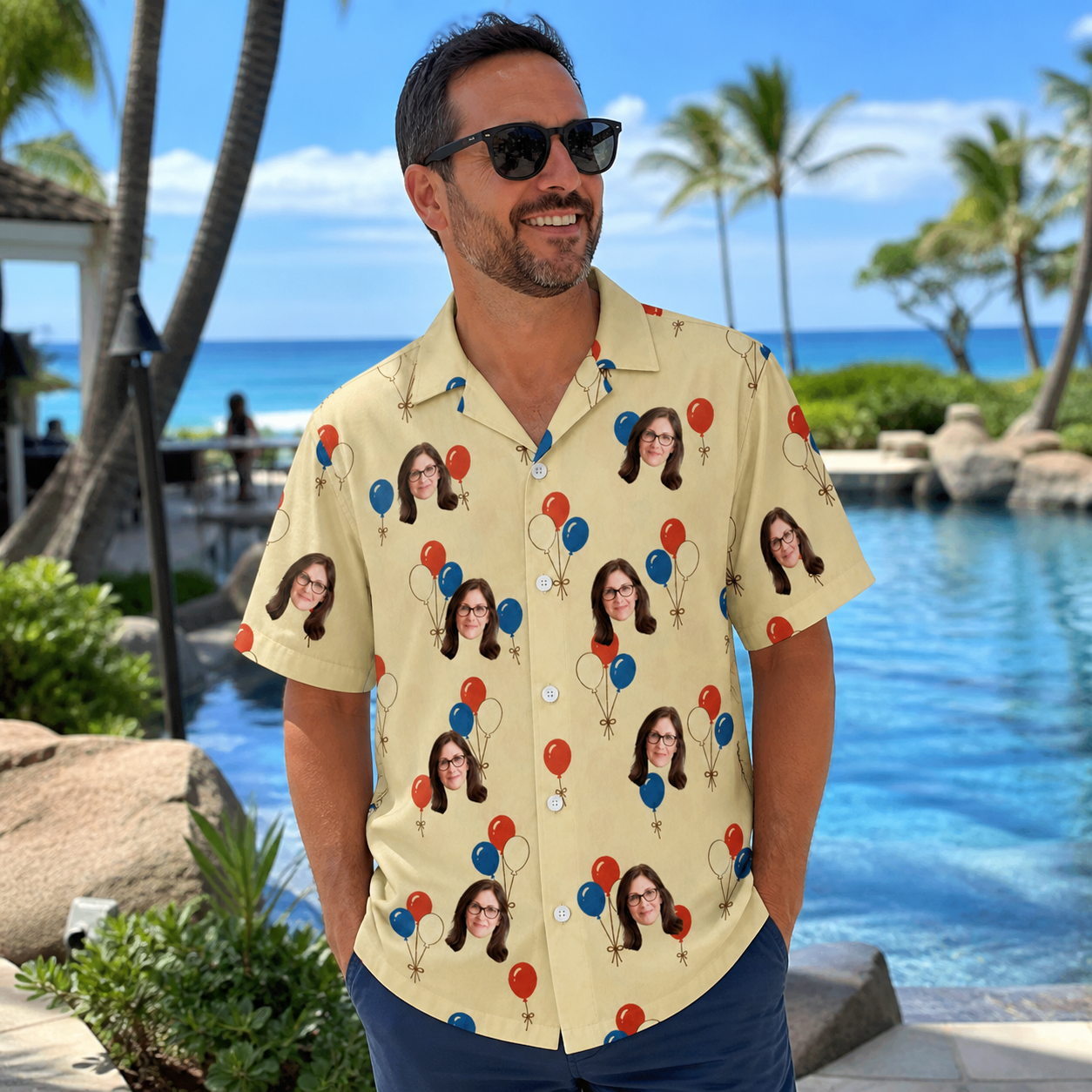 Real-life photo of someone wearing Men's Balloon Brigade Custom Face Hawaiian Shirt — custom faces printed all-over