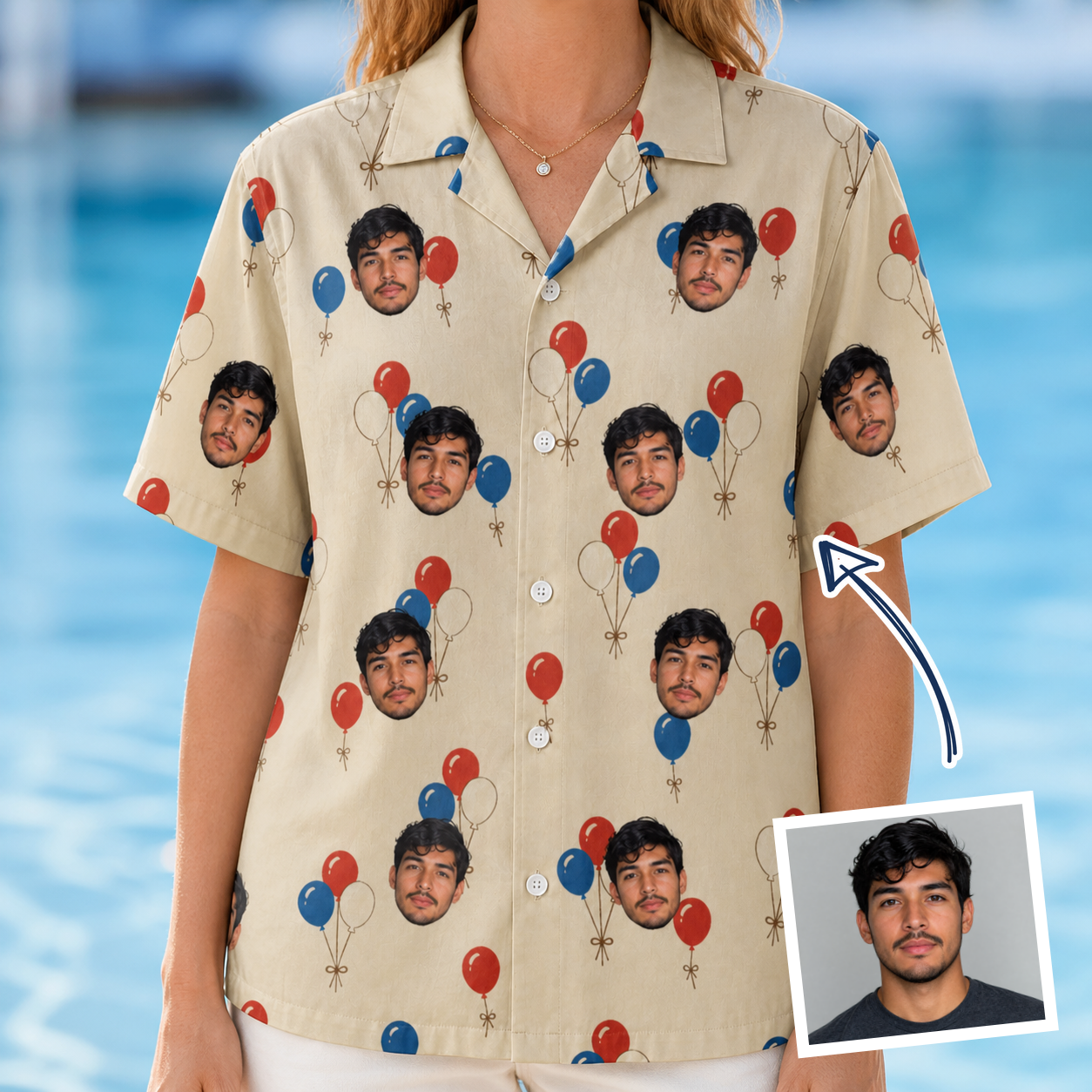 Woman wearing Women's Balloon Brigade Custom Face Hawaiian Shirt — custom faces printed all-over