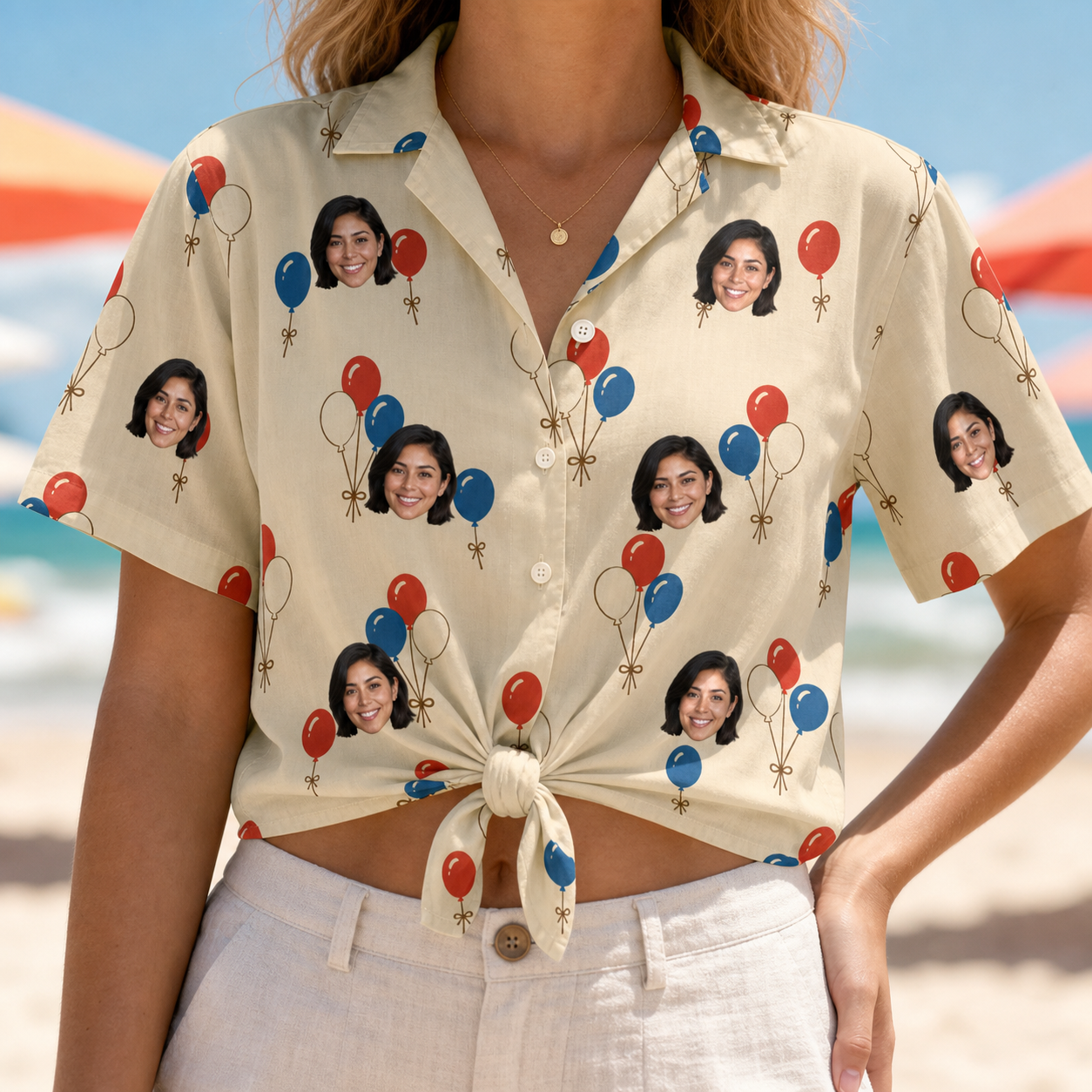 Woman wearing Women's Balloon Brigade Custom Face Hawaiian Shirt tied at the waist