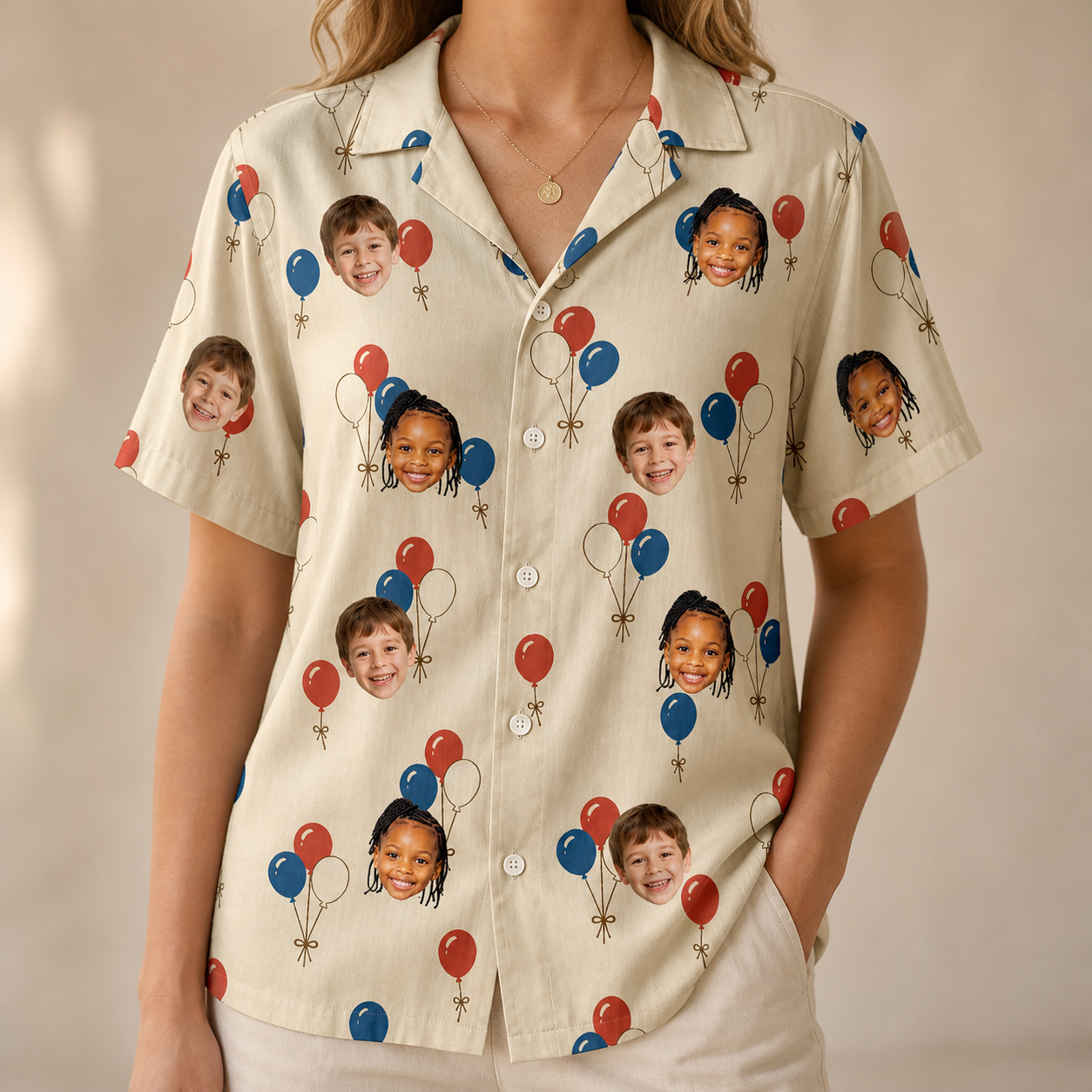 Model wearing Women's Balloon Brigade Custom Face Hawaiian Shirt printed with kids' faces