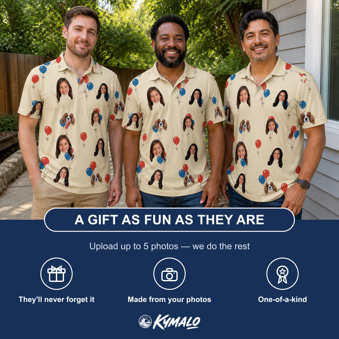 Friends in matching Men's Balloon Brigade Custom Face Polo Shirt — a group gift photo