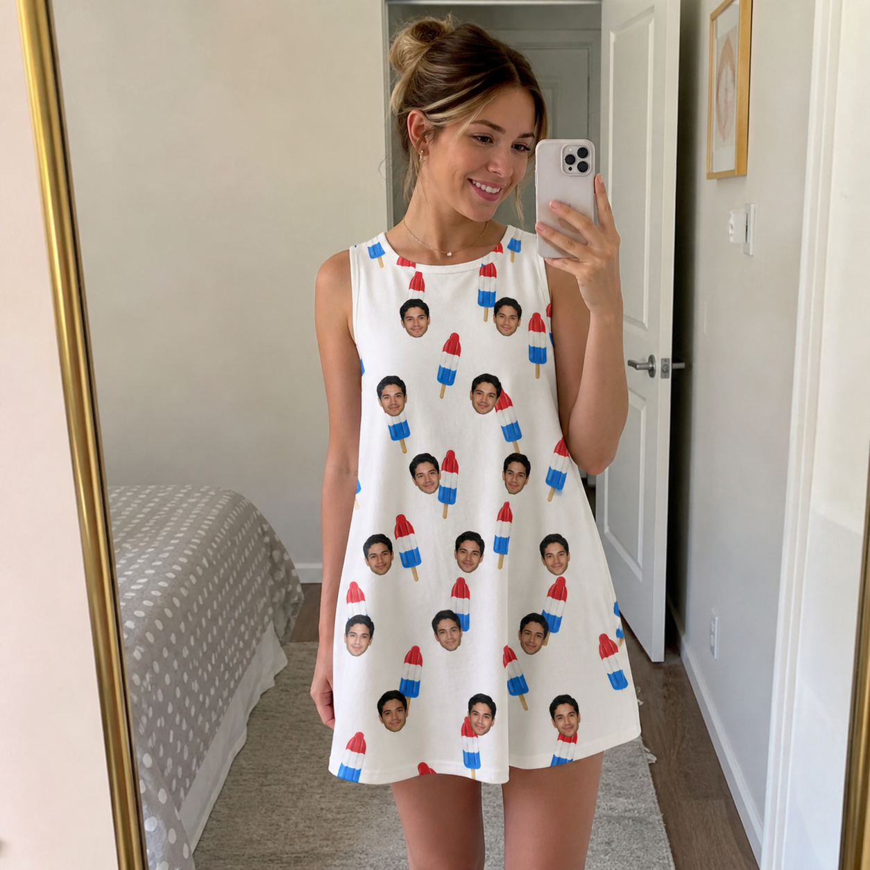 Real-life photo of someone wearing Women's Cool Colonies Custom Face Tank Dress — custom faces printed all-over
