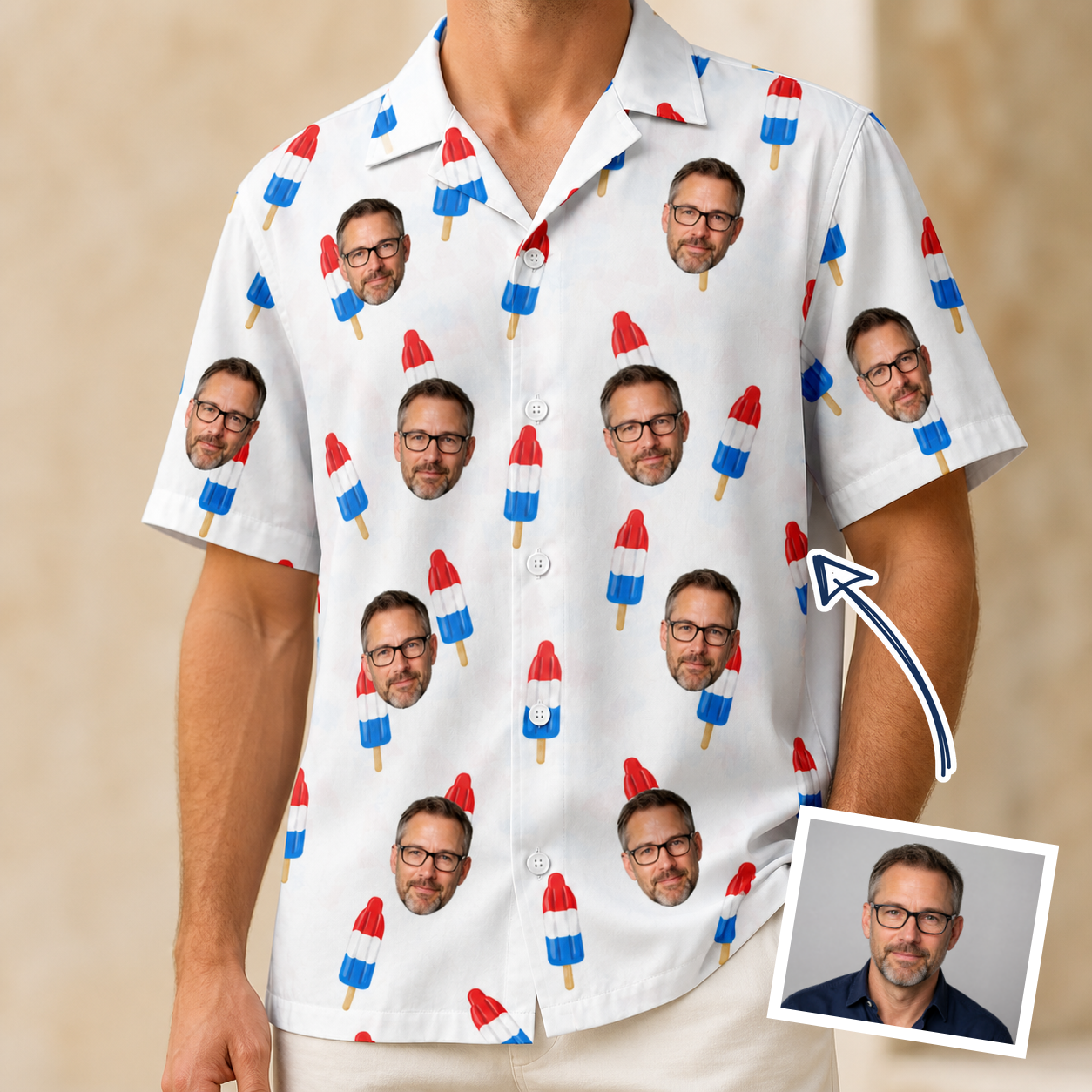Man wearing Men's Cool Colonies Custom Face Hawaiian Shirt — custom faces printed all-over