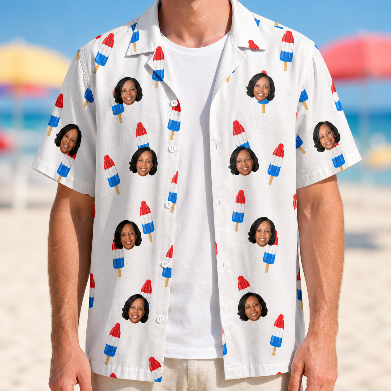 Man wearing Men's Cool Colonies Custom Face Hawaiian Shirt open over a white tee