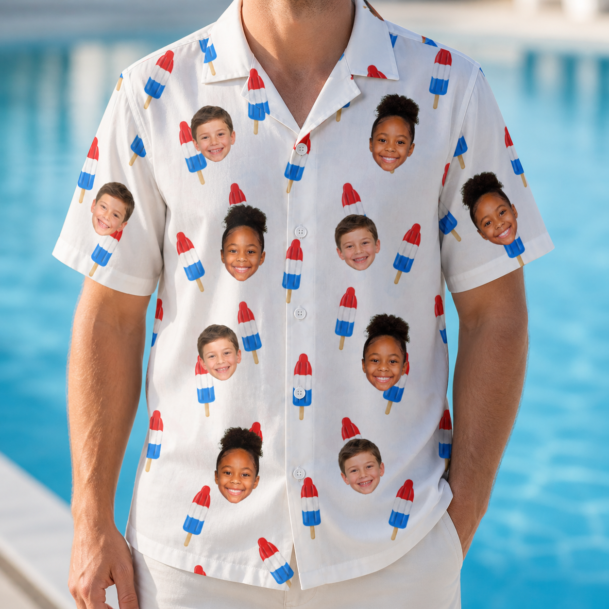 Model wearing Men's Cool Colonies Custom Face Hawaiian Shirt printed with kids' faces