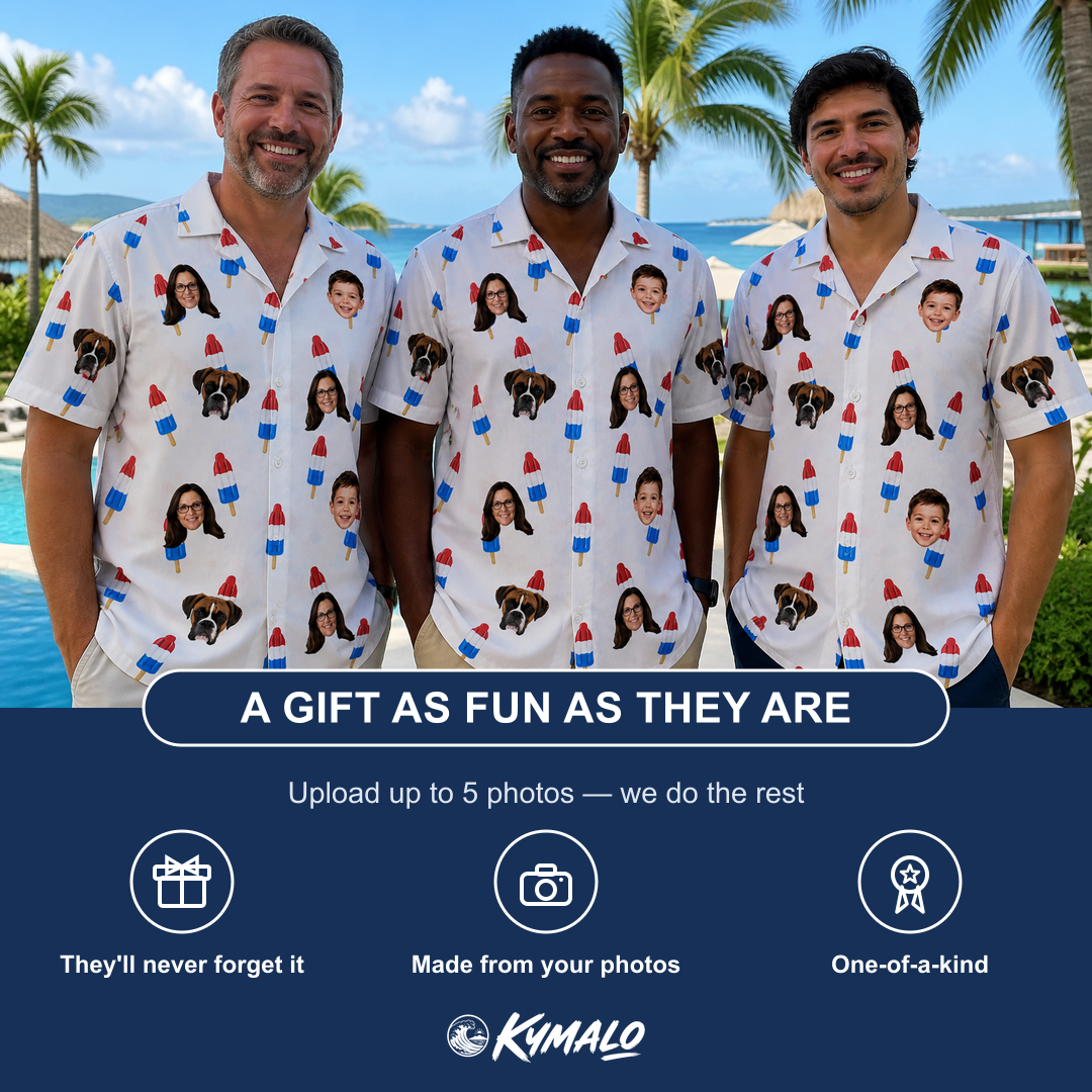 Friends in matching Men's Cool Colonies Custom Face Hawaiian Shirt — a group gift photo