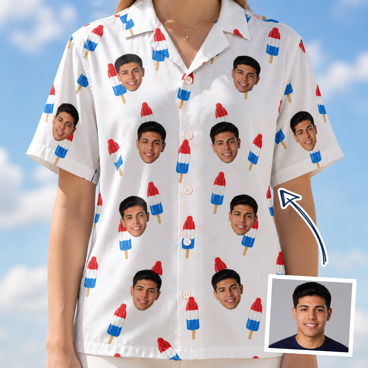 Woman wearing Women's Cool Colonies Custom Face Hawaiian Shirt — custom faces printed all-over