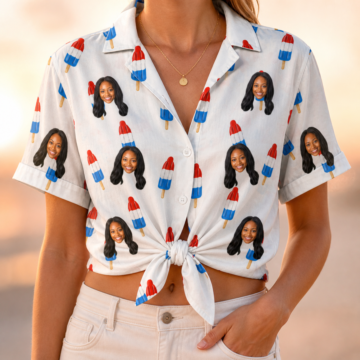 Woman wearing Women's Cool Colonies Custom Face Hawaiian Shirt tied at the waist