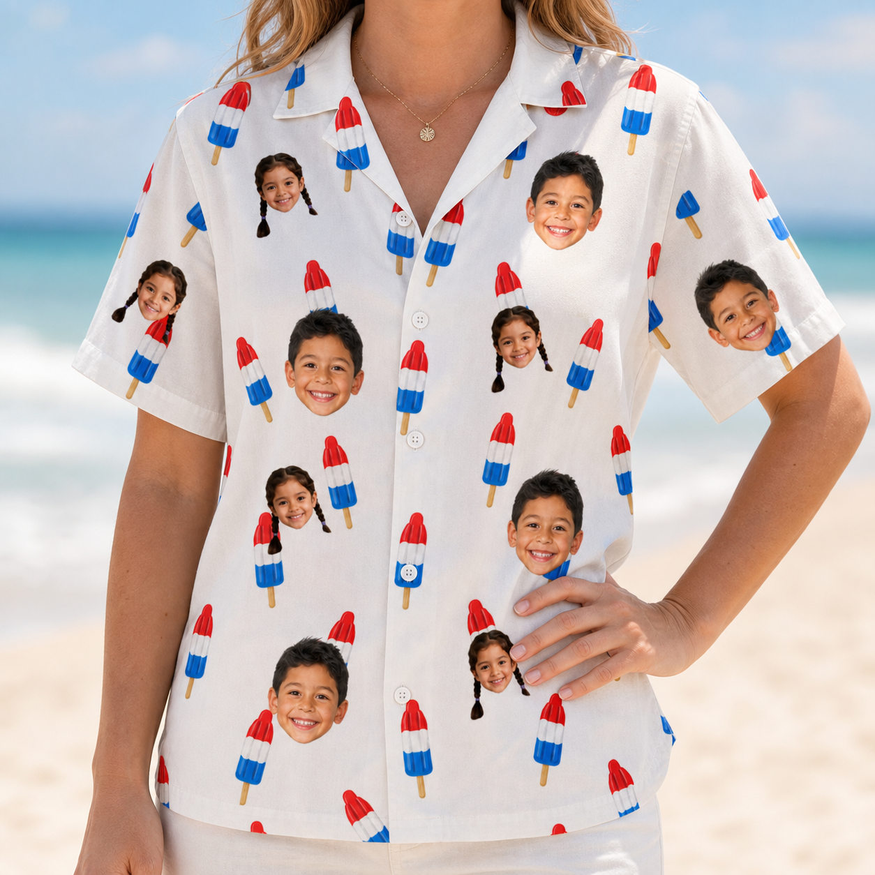 Model wearing Women's Cool Colonies Custom Face Hawaiian Shirt printed with kids' faces