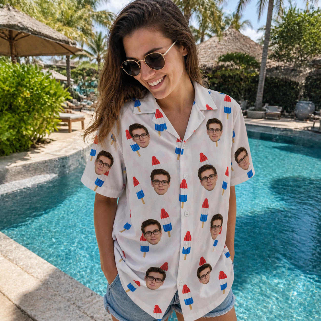 Real-life photo of someone wearing Women's Cool Colonies Custom Face Hawaiian Shirt — custom faces printed all-over