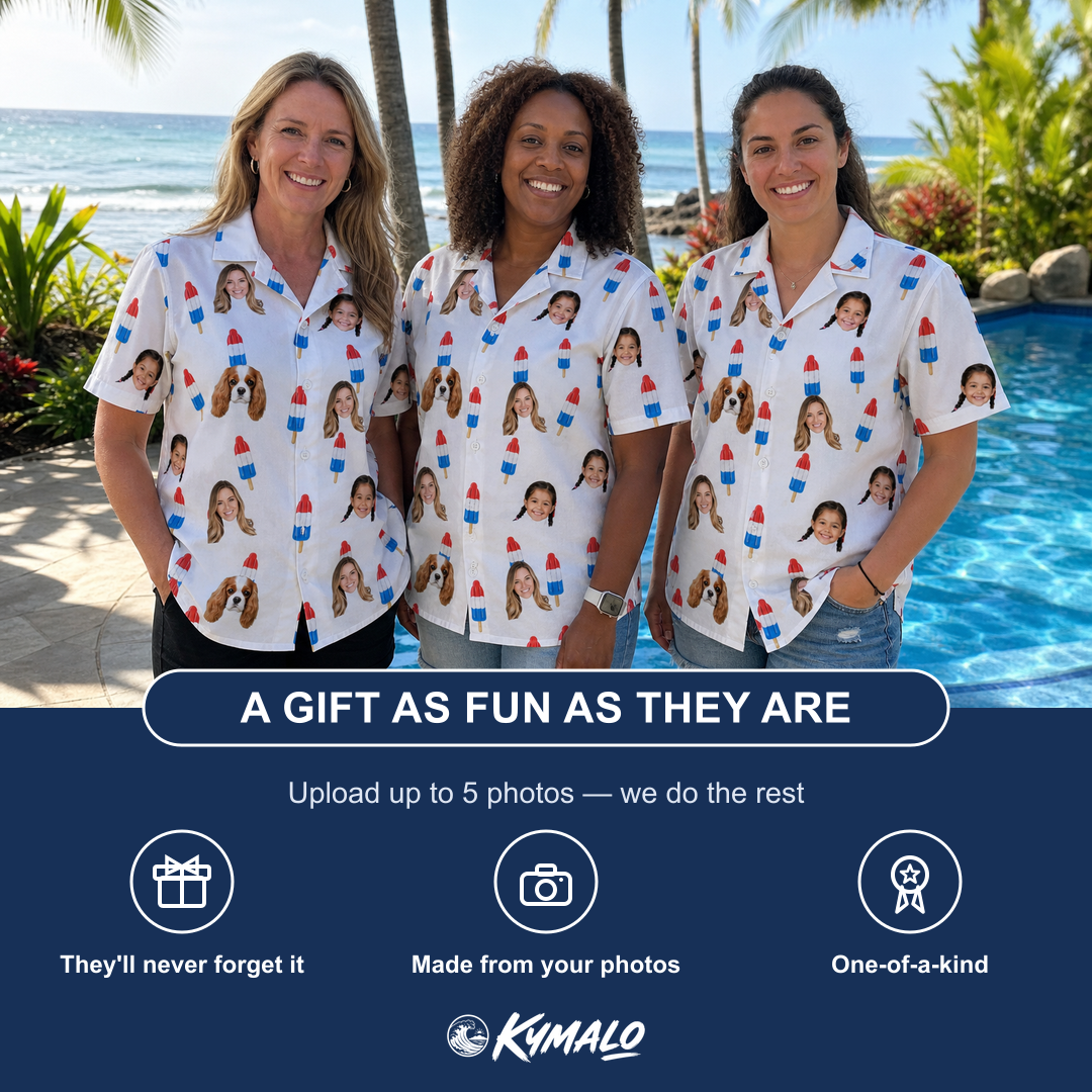 Friends in matching Women's Cool Colonies Custom Face Hawaiian Shirt — a group gift photo