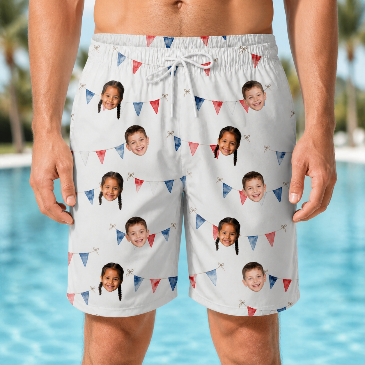 Model wearing Men's Ruby Ruffles Custom Face Beach Shorts printed with kids' faces