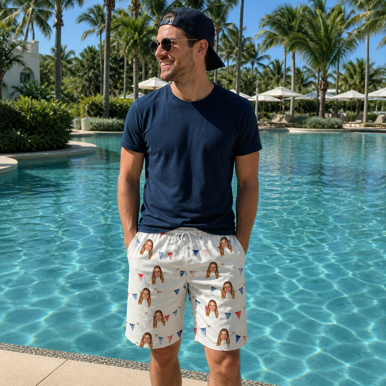 Real-life photo of someone wearing Men's Ruby Ruffles Custom Face Beach Shorts — custom faces printed all-over