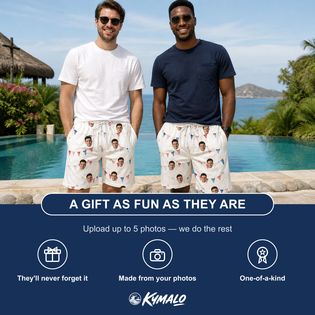 Friends in matching Men's Ruby Ruffles Custom Face Beach Shorts — a group gift photo