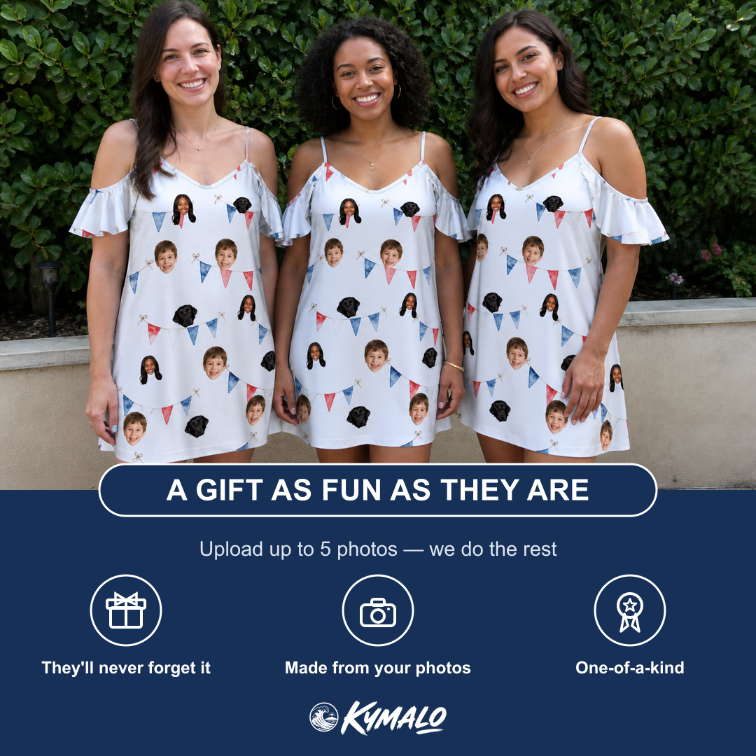 Friends in matching Women's Ruby Ruffles Custom Face Off-Shoulder Dress — a group gift photo