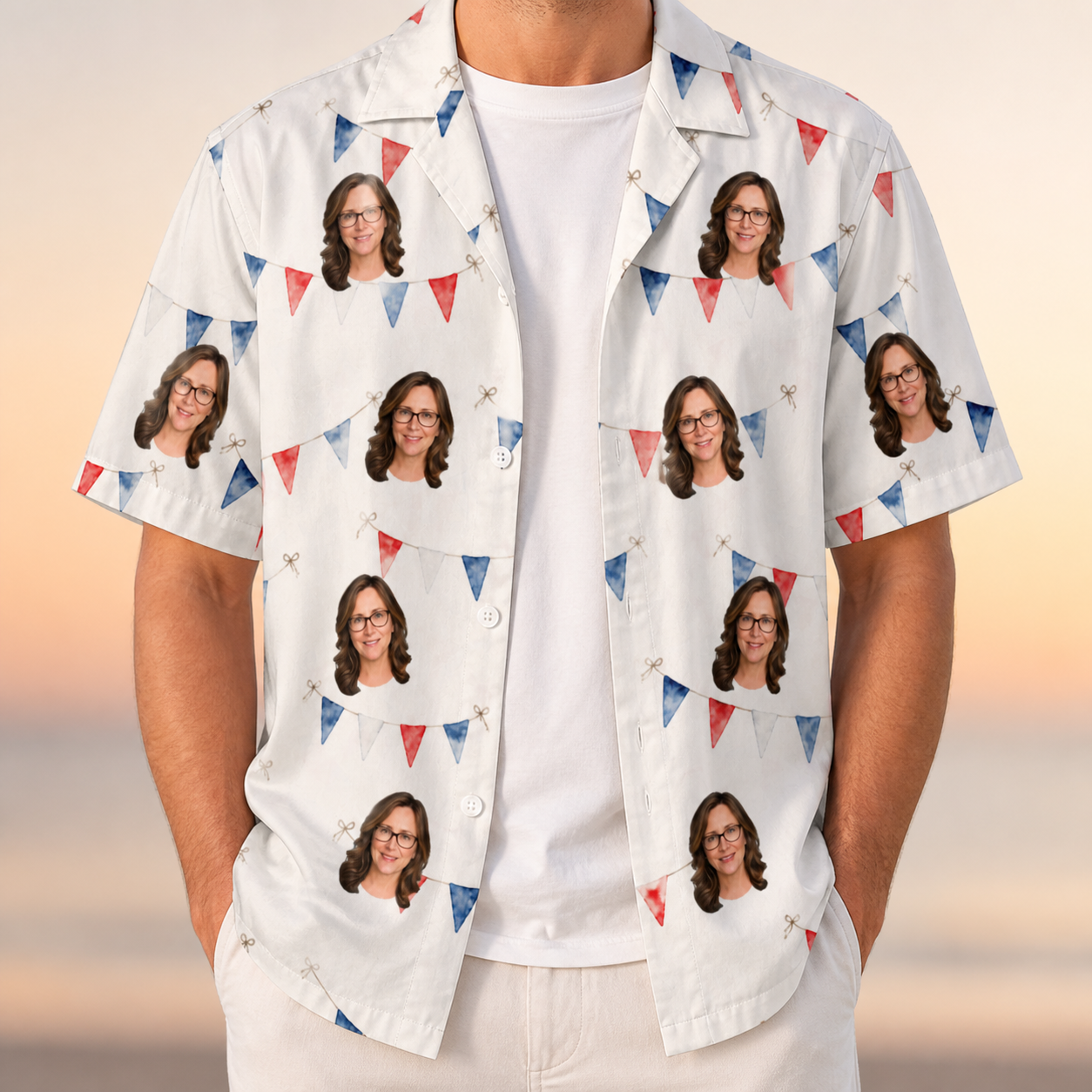 Man wearing Men's Ruby Ruffles Custom Face Hawaiian Shirt open over a white tee