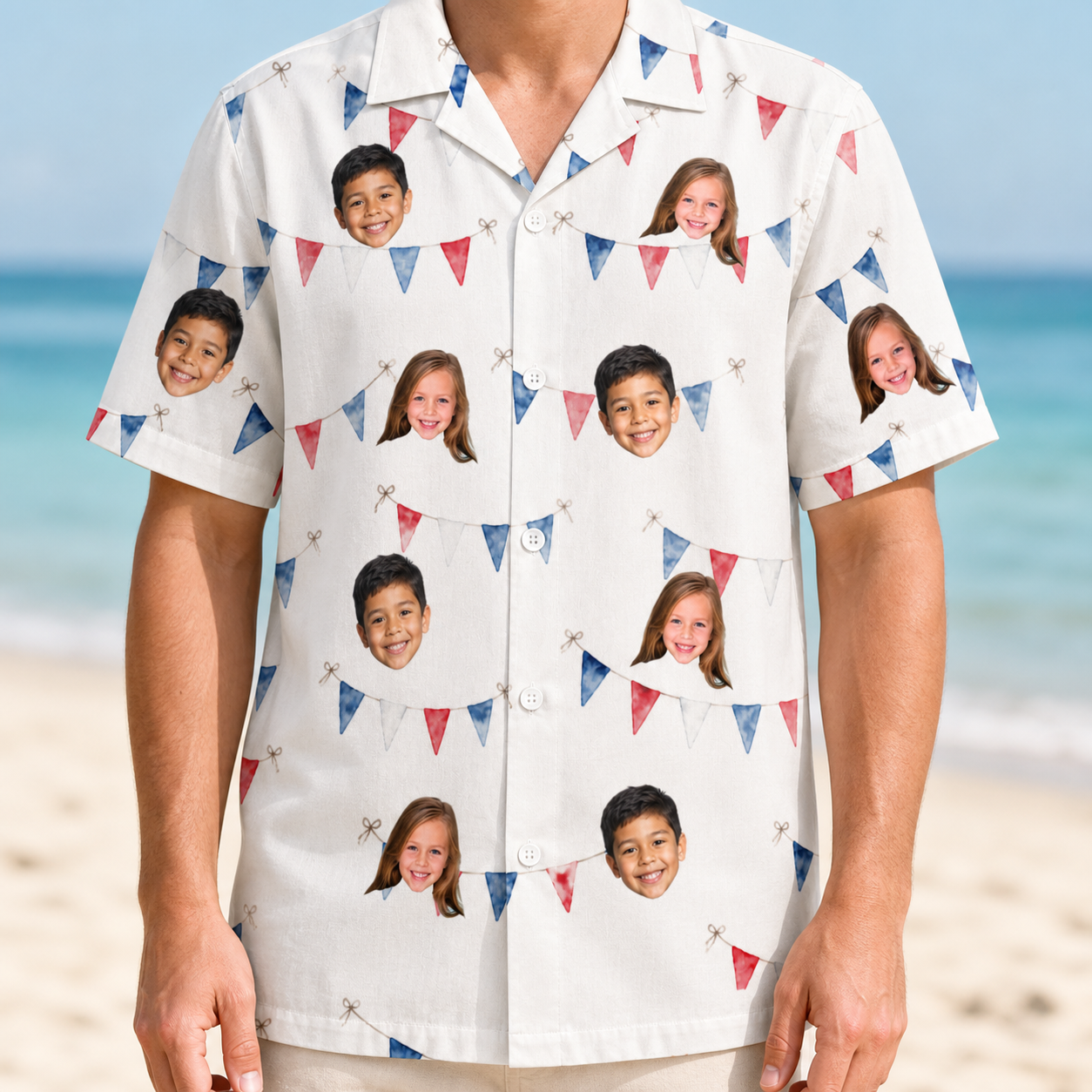 Model wearing Men's Ruby Ruffles Custom Face Hawaiian Shirt printed with kids' faces