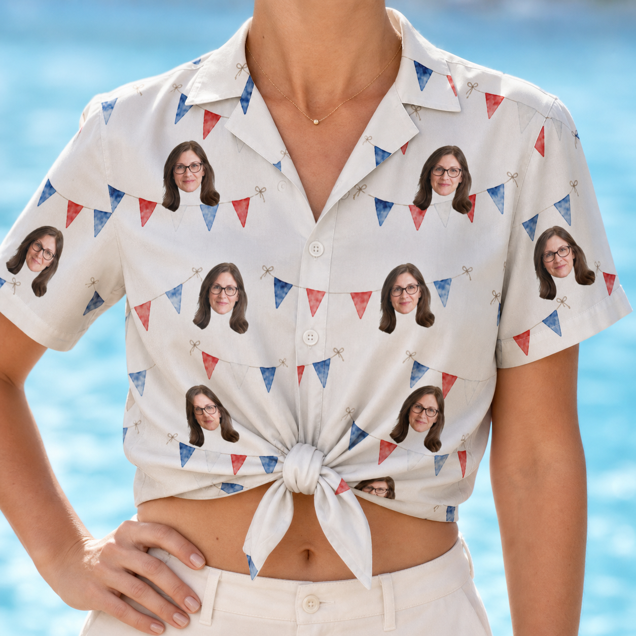 Woman wearing Women's Ruby Ruffles Custom Face Hawaiian Shirt tied at the waist