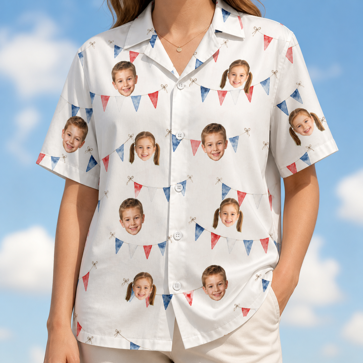Model wearing Women's Ruby Ruffles Custom Face Hawaiian Shirt printed with kids' faces