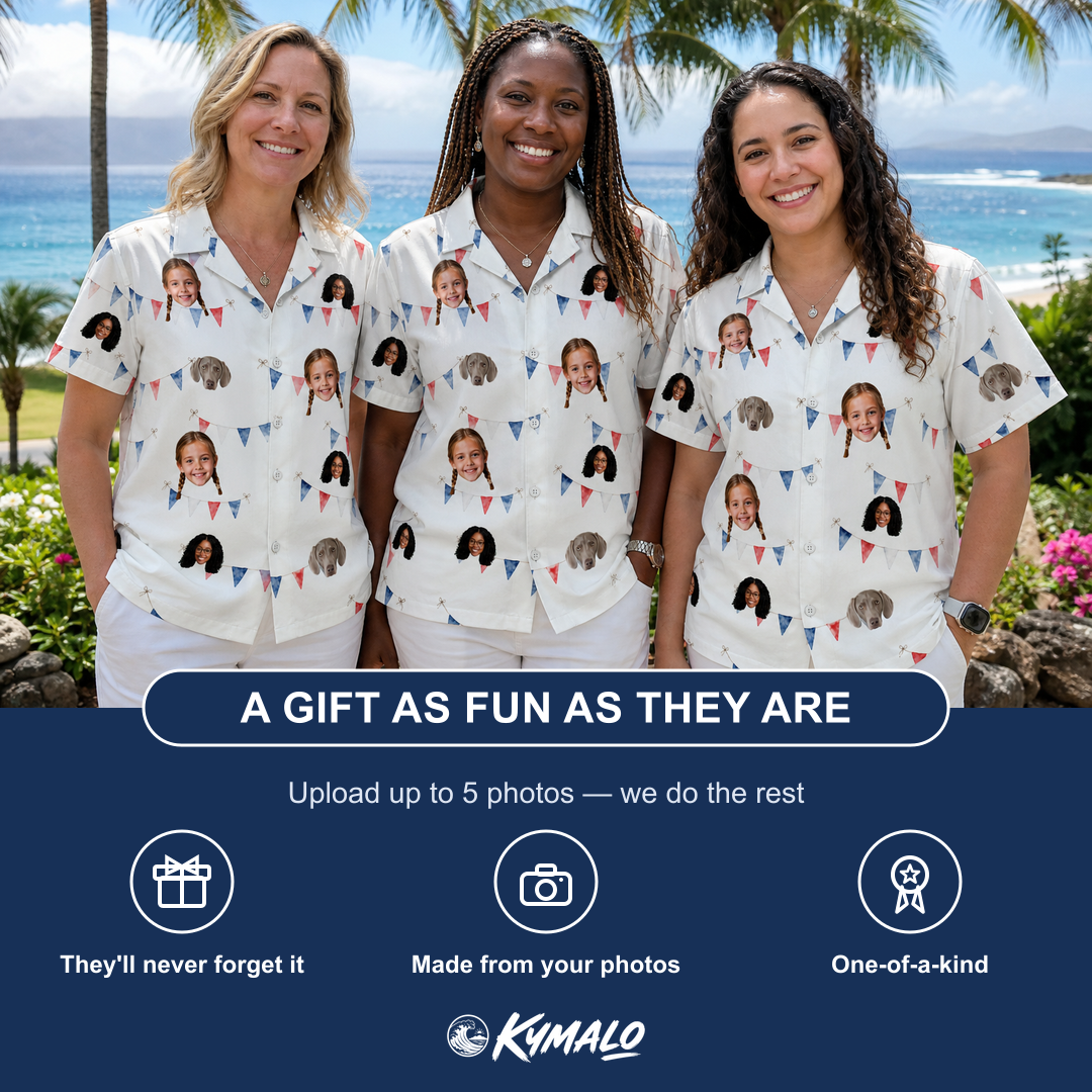 Friends in matching Women's Ruby Ruffles Custom Face Hawaiian Shirt — a group gift photo