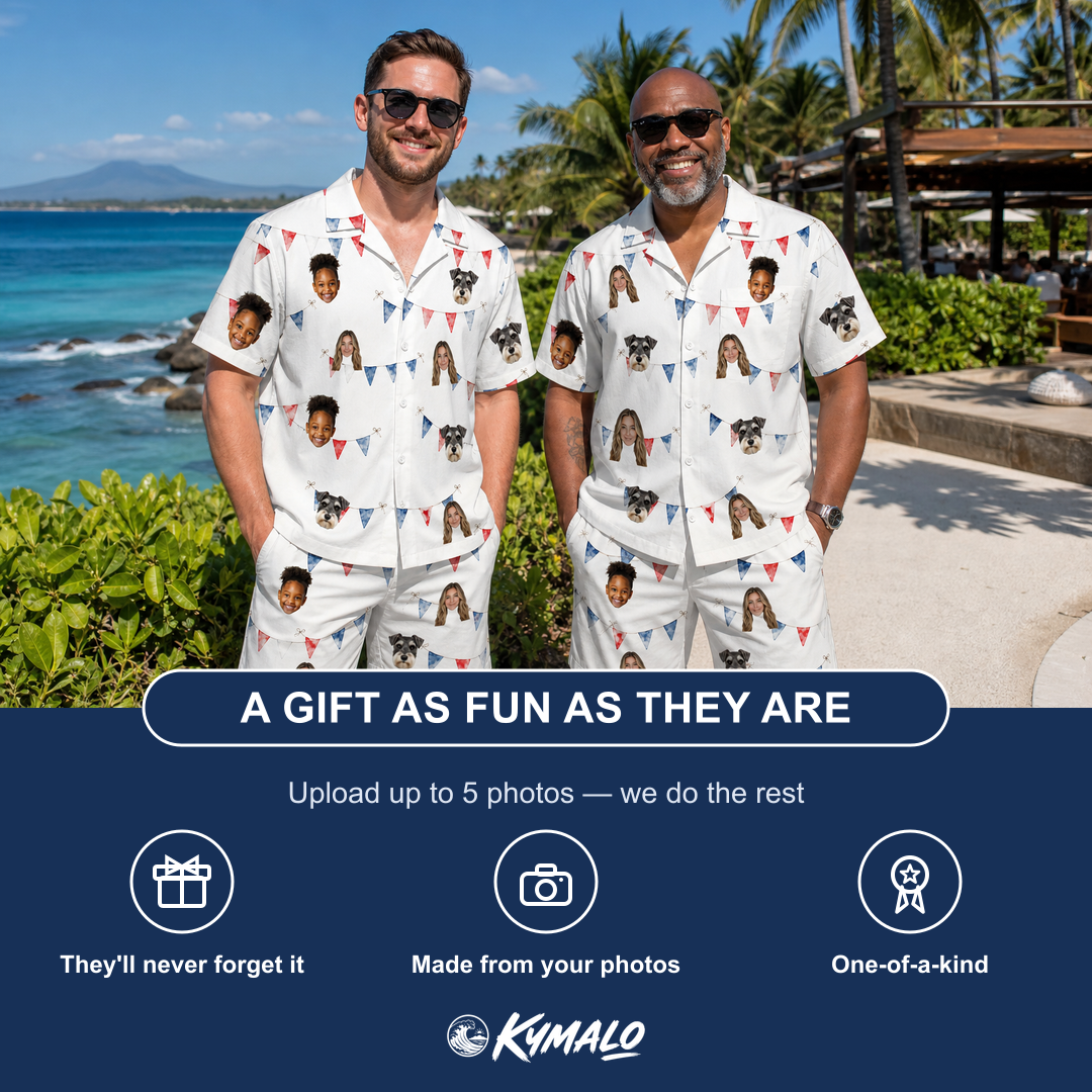 Friends in matching Men's Ruby Ruffles Custom Face Shirt & Shorts Set — a group gift photo