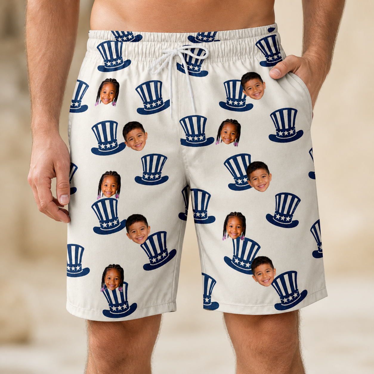 Model wearing Men's Crown Capers Custom Face Beach Shorts printed with kids' faces