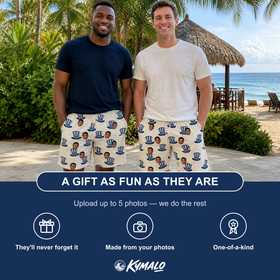 Friends in matching Men's Crown Capers Custom Face Beach Shorts — a group gift photo