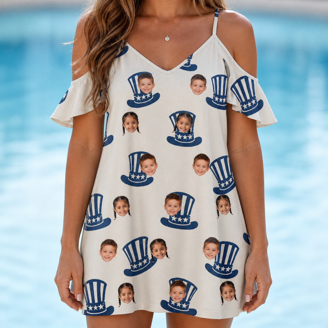 Model wearing Women's Crown Capers Custom Face Off-Shoulder Dress printed with kids' faces