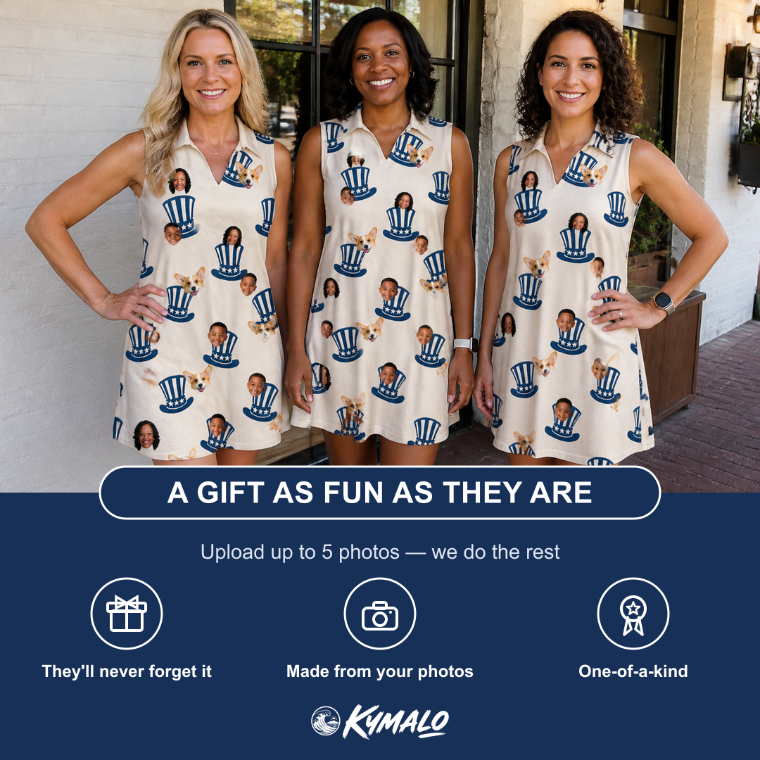 Friends in matching Women's Crown Capers Custom Face V-Neck Dress — a group gift photo