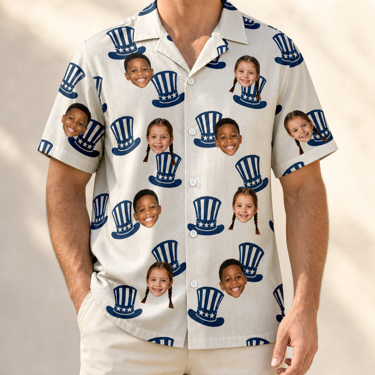 Model wearing Men's Crown Capers Custom Face Hawaiian Shirt printed with kids' faces