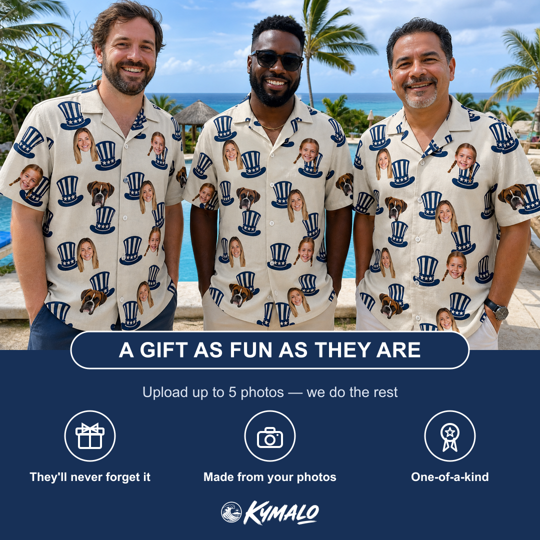 Friends in matching Men's Crown Capers Custom Face Hawaiian Shirt — a group gift photo