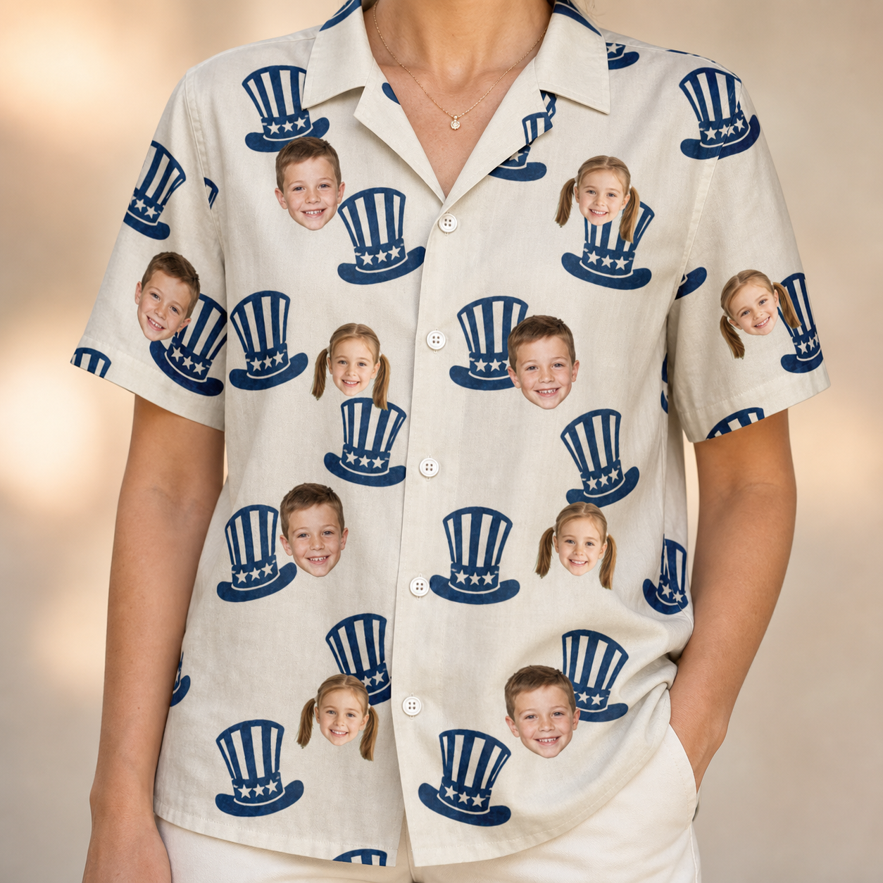 Model wearing Women's Crown Capers Custom Face Hawaiian Shirt printed with kids' faces
